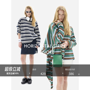 HONORE古月 撞色圆领条纹 宽松百搭落肩版 披肩T恤 全棉原创