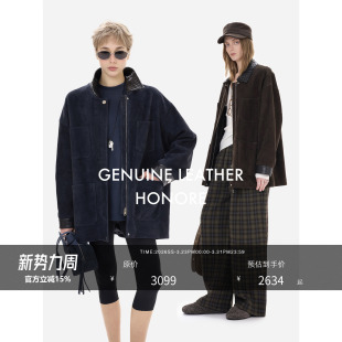 HONORE古月 复古百搭麂皮拼接格纹编织皮衣外套 重磅小羊皮