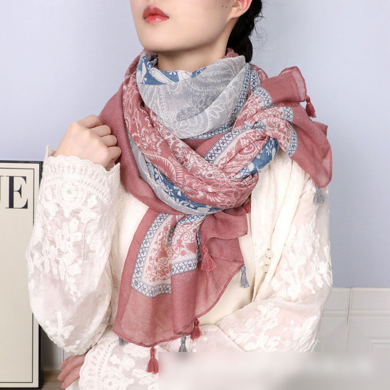 中国风流苏挂穗舒适围巾旅游度假遮阳防风包头纱巾拍照显瘦长披肩