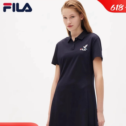 FILA斐乐女子polo连衣裙2024夏优雅时尚百搭显瘦修身休闲运动裙子