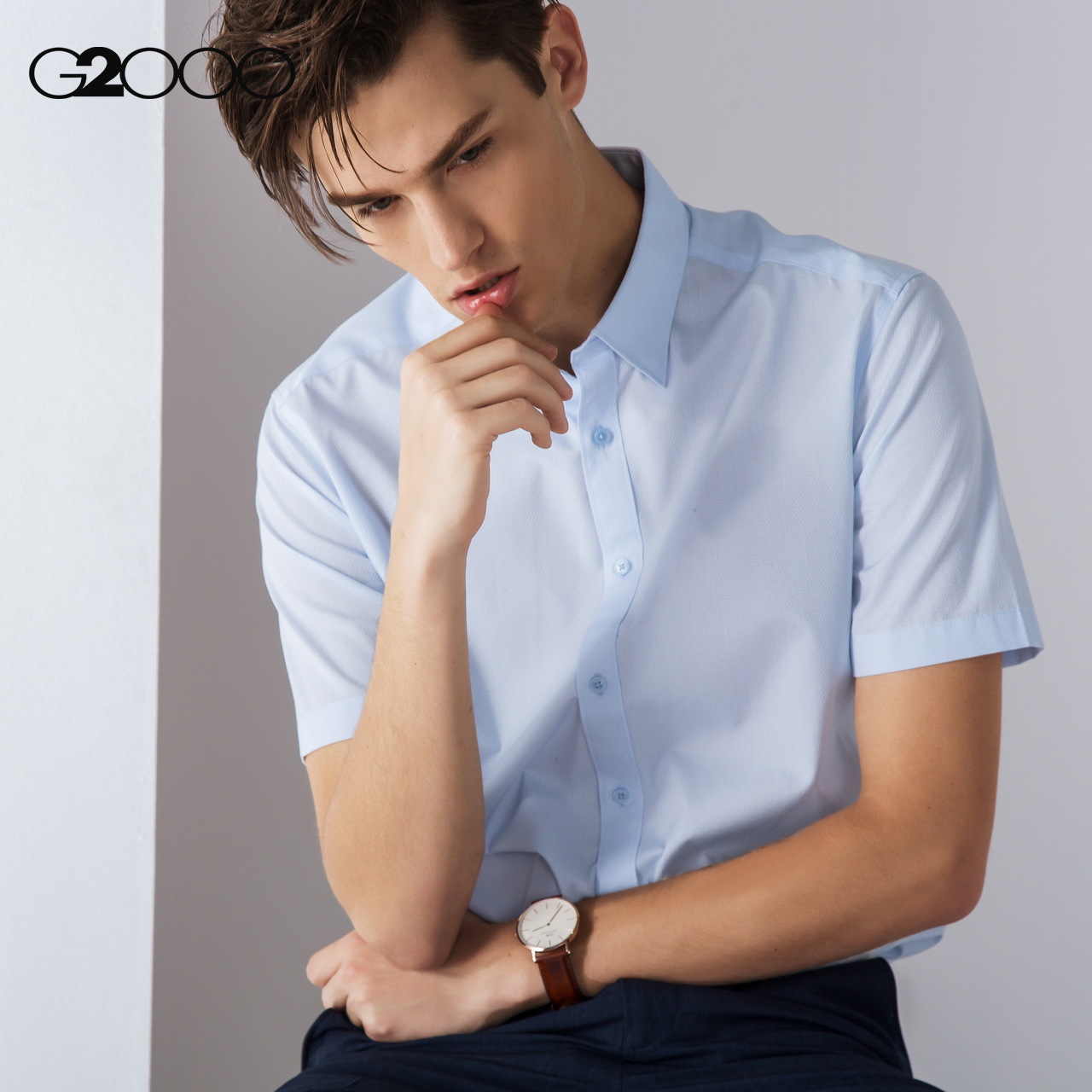 G2000男装修身尖领CVC面料短袖衬衫 商务青年正装男士休闲衬衣