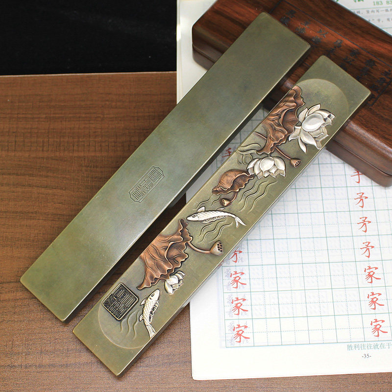 实心纯铜中式复古连年有鱼镇纸压尺书房用品压尺压条长辈生日礼物