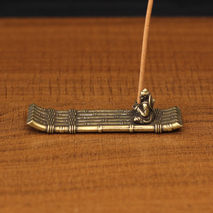 实心黄铜渔船香插摆件渔翁竹排迷你竹筏励志名言了凡四训香座茶房