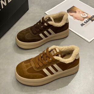真皮厚底德训鞋加绒保暖2025年冬季新款三条杠圆头休闲鞋增高百搭