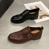 饰百搭小皮鞋 真皮布洛克厚底鞋 女2026英伦风圆头浅口一脚蹬扣带装