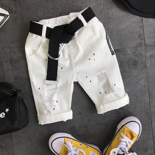 男童夏新款韩版修身全棉牛仔布短裤破洞童装儿童沙滩裤弹力配腰带