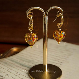 野菓子《琥珀心迹》美拉德手工琉璃爱心耳环小众复古法式耳饰耳夹