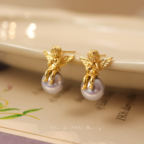 野菓子《Little Angel小天使》复古法式珍珠耳钉小众精致耳饰礼物