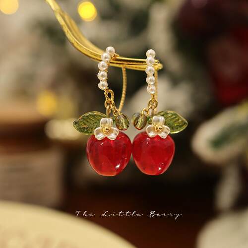 野菓子春夏森系红苹果琉璃耳环甜美可爱多巴胺穿搭小众耳饰耳夹女