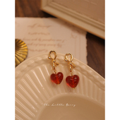 野菓子夏季 红色爱心琉璃耳环复古小众甜美蝴蝶结耳饰耳夹约会 法式