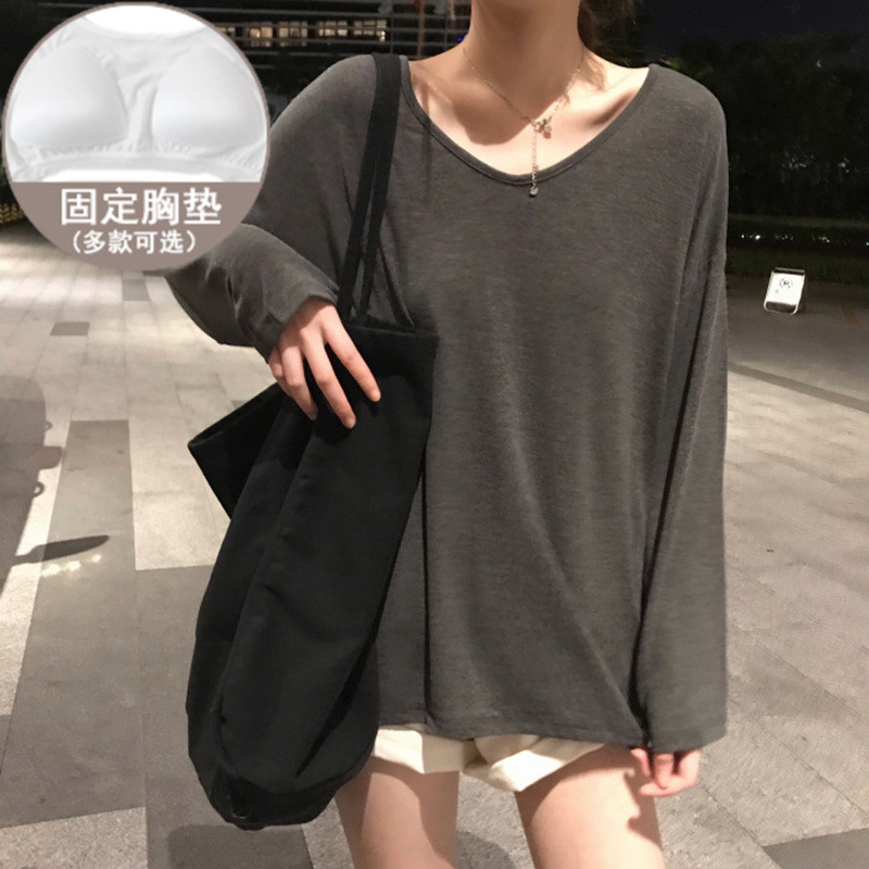 带胸垫睡衣纯色V领长袖T恤女秋季新款女装秋衣宽松学生初秋上衣