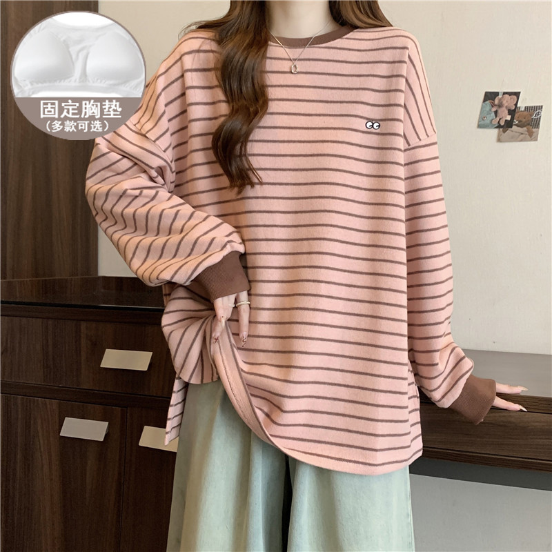 带胸垫睡衣女上衣条纹刺绣圆领卫衣女秋冬德绒加厚保暖宽松家居服