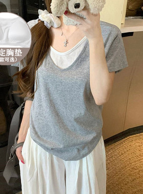 带胸垫睡衣假两件拼接V领短袖T恤女夏季韩版宽松打底衫雪花棉上衣