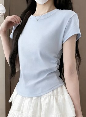 带胸垫睡衣蓝色正肩圆领短袖t恤女夏美式修身褶皱小蛮腰设计上衣