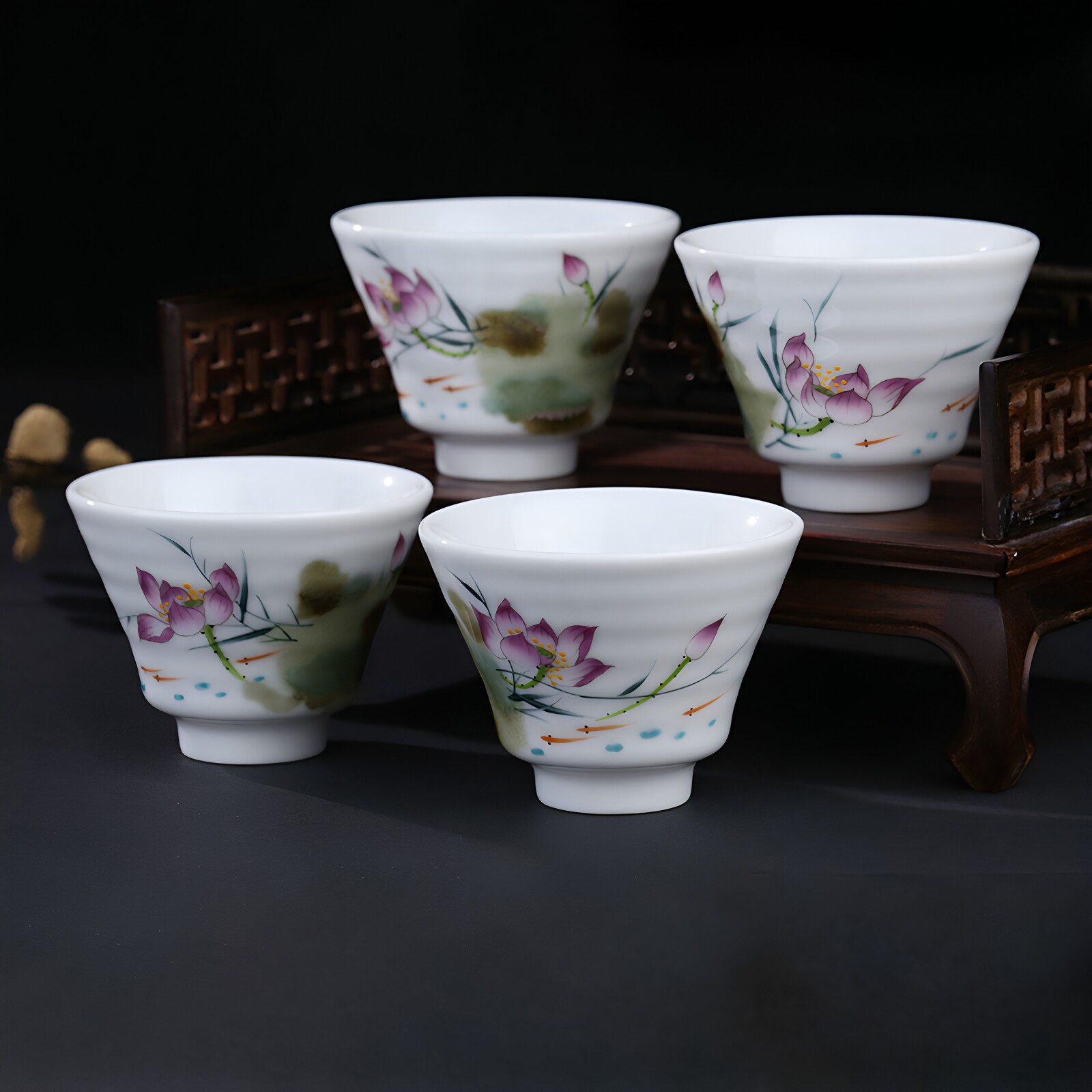 京德贵和祥窑变粉荷四杯组景德镇手绘陶瓷功夫茶杯茶碗杯子品茗杯