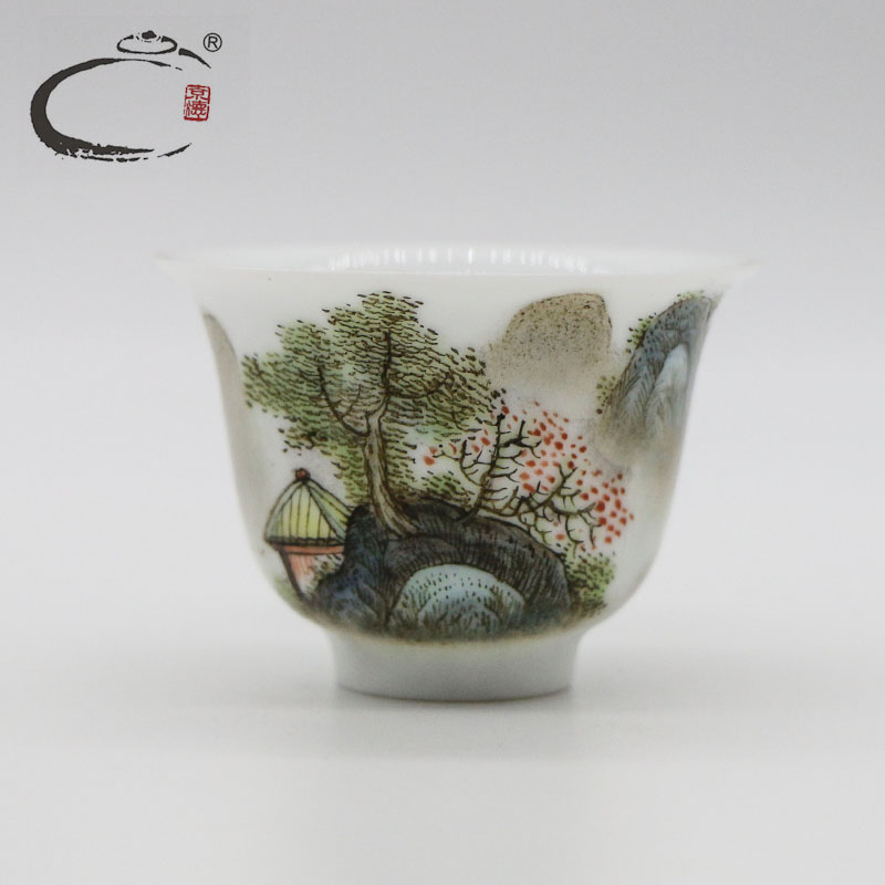 京德窑 粉彩山水杯景德镇工艺美术师李勇手绘陶瓷小号茶杯 品茗杯