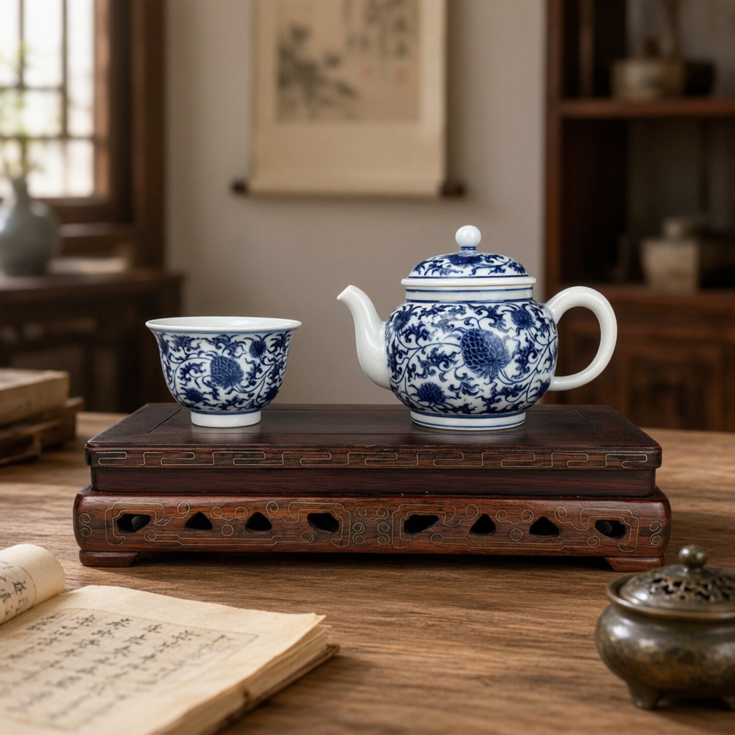 贵和祥限量手工青花缠枝莲茶壶