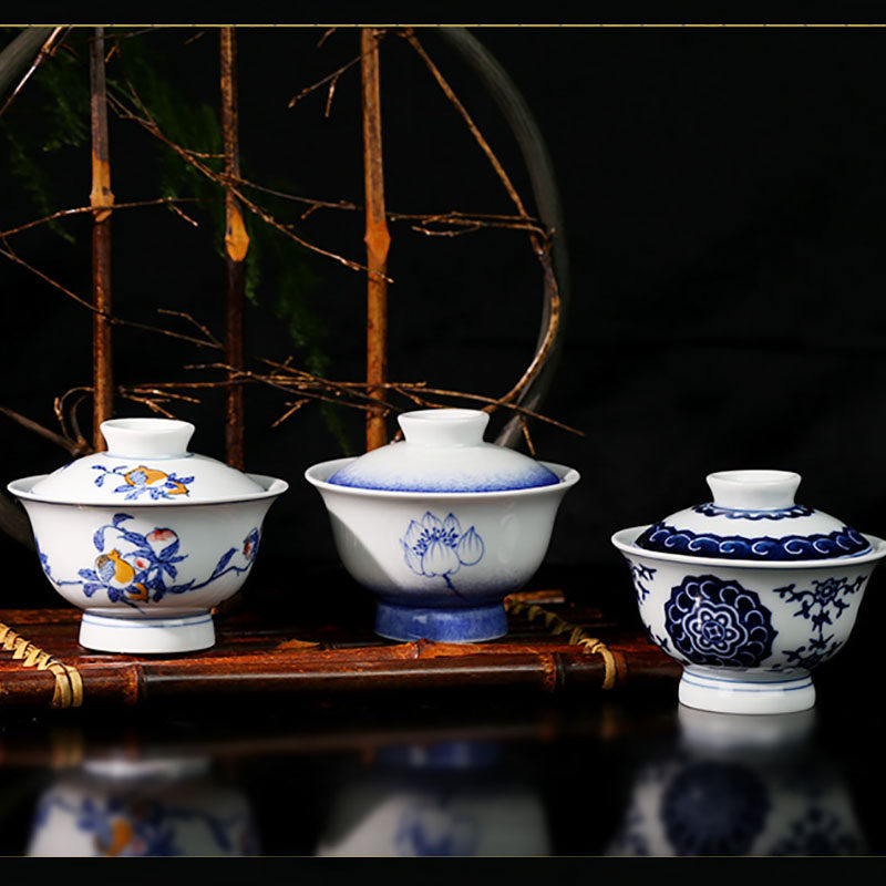 贵和祥专柜陶瓷茶杯景德镇复古手绘青花斗彩盖碗两才京德敬茶碗泡