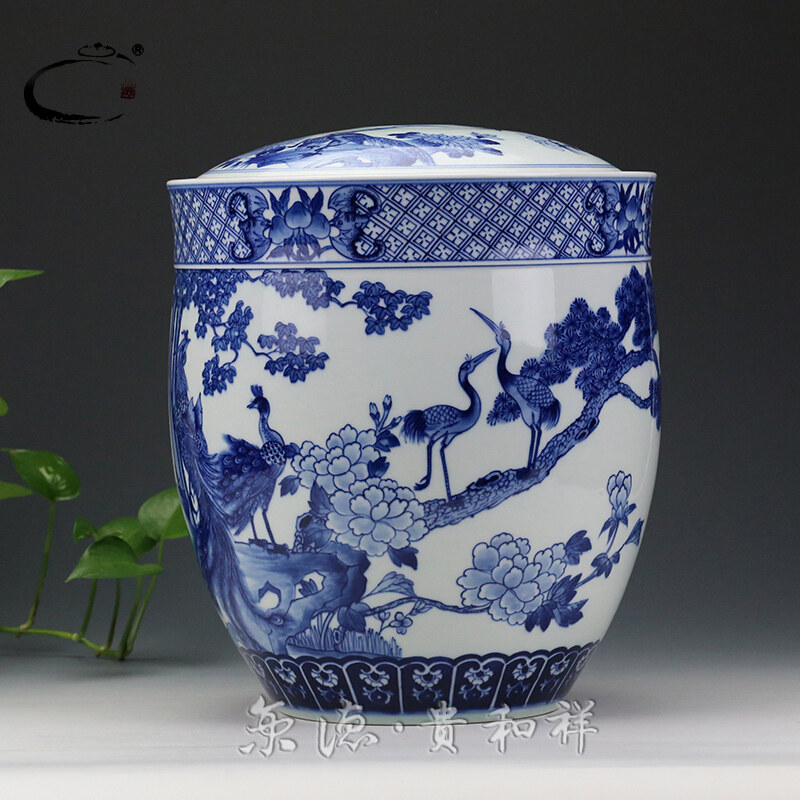 贵和祥青花花鸟茶叶罐景德镇手绘陶瓷大号普洱茶饼罐醒茶罐密封罐