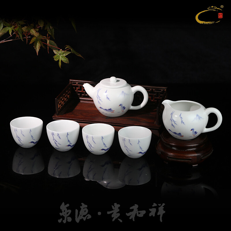贵和祥超值陶瓷功夫套装手绘盖碗茶杯组合礼品茶具珠光釉竹鸟壶组