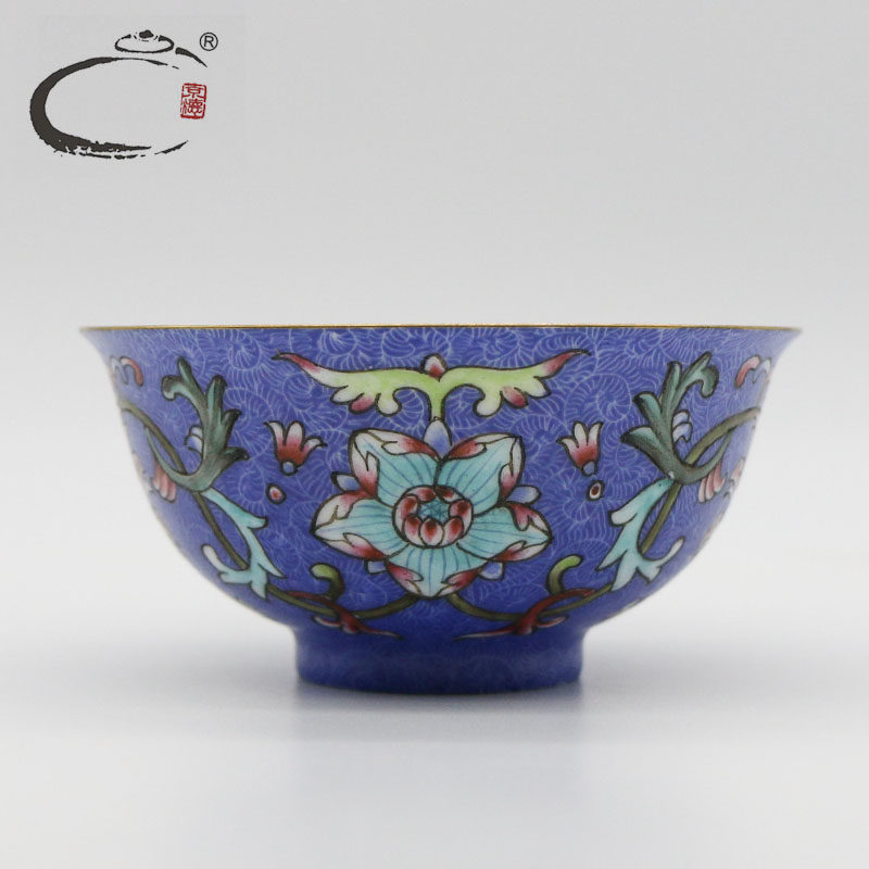 京德手绘粉彩描金扒花功夫茶杯