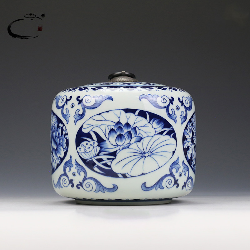 京德茶器贵和祥精品景德镇手工陶瓷中式醒散茶存茶罐青花四季花罐