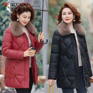 啄木鸟妈妈冬装Pu皮棉衣中长款2025新款中老年女装加绒加厚棉服