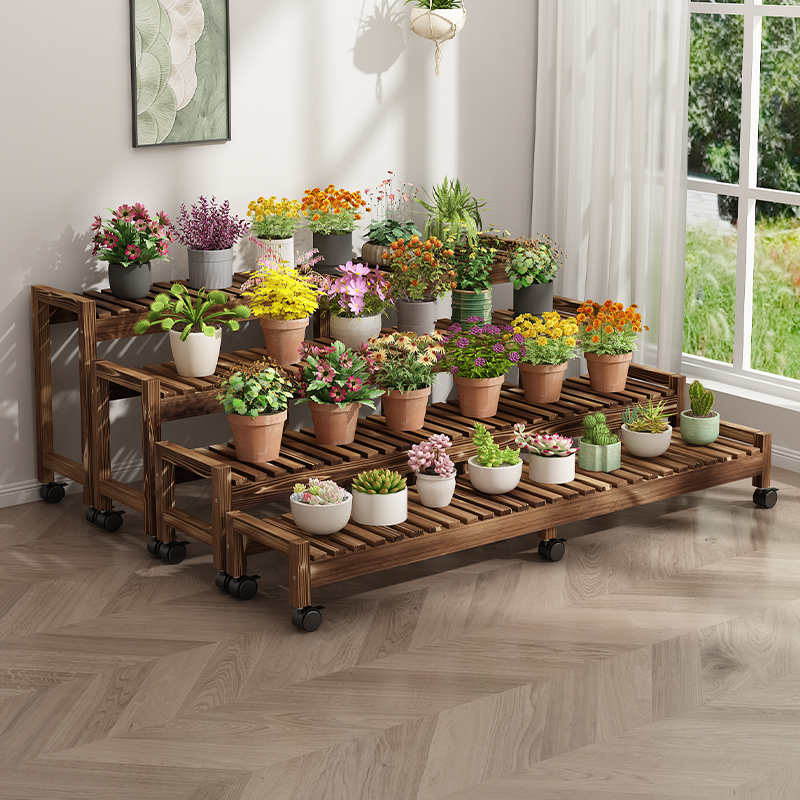 实木阳台花架防腐碳化多层架子带轮可移动多肉架落地式花盆置物架