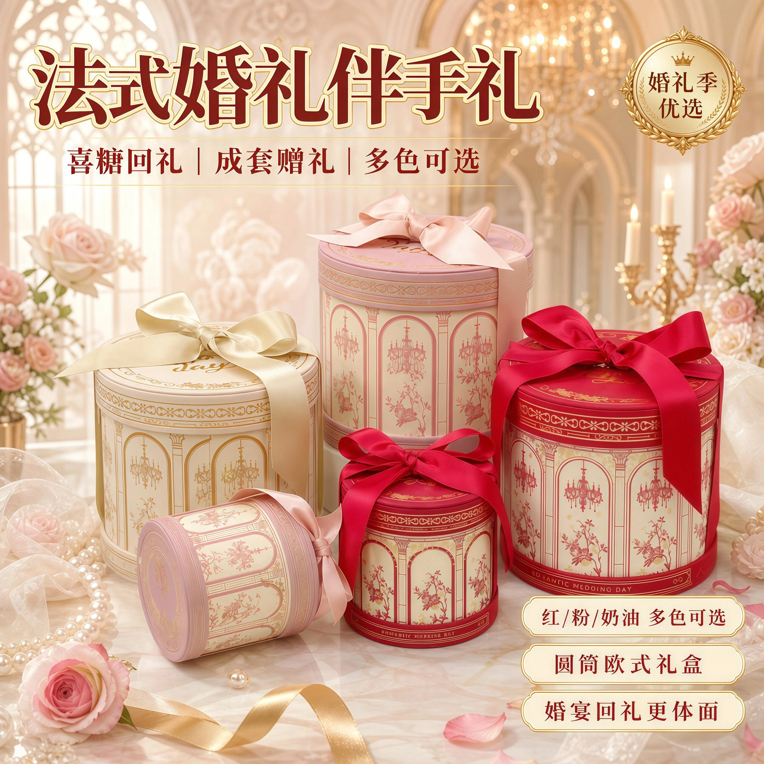 欧式轻奢缎带圆形婚礼喜糖盒图片