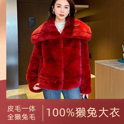 2025秋冬新款皮毛一体100%全獭兔毛大翻领短款皮草外套女时尚百搭