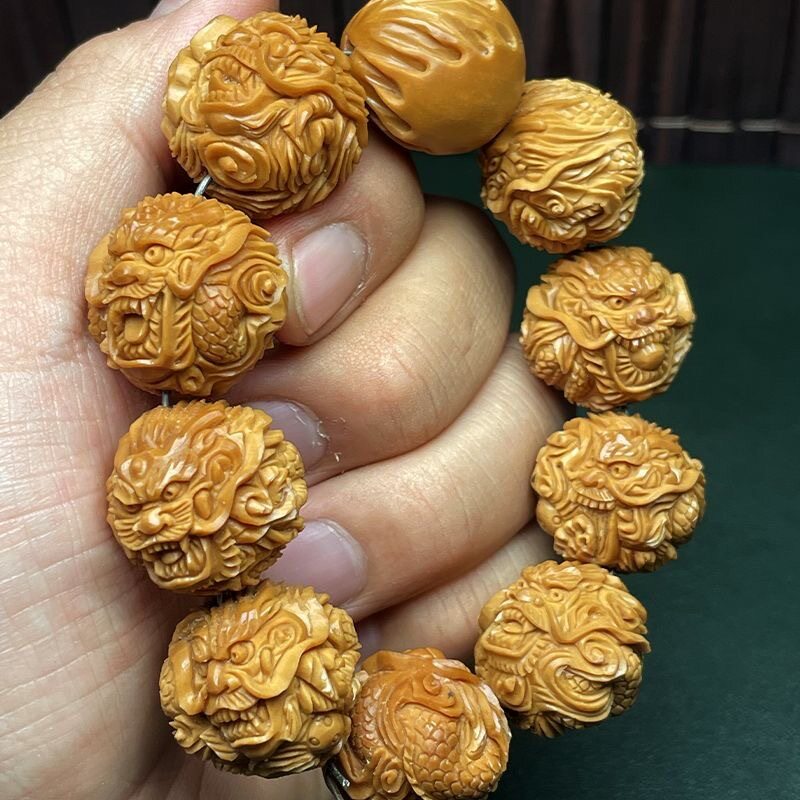 精品稀有2.1正圆橄榄核手串九龙戏珠核手工刻文玩霸气生肖龙手链