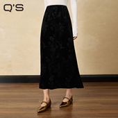 QS秸熙25冬新款 复古新中式 轻国风丝绒半身裙高级感暗纹烧花A摆裙