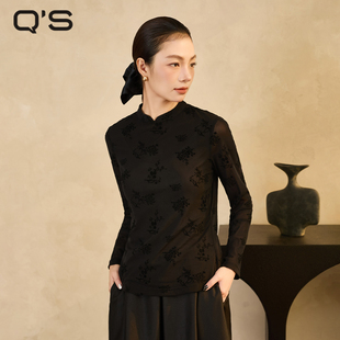 QS秸熙26春冬新中式 上衣 轻国风套头网纱衣立体植绒花卉立领打底衫