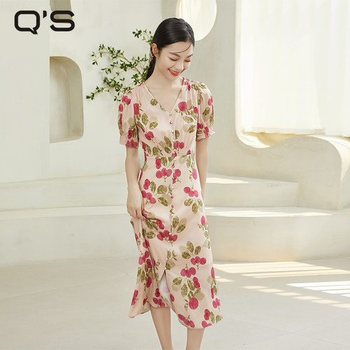 qs秸熙印花显瘦A摆连衣裙