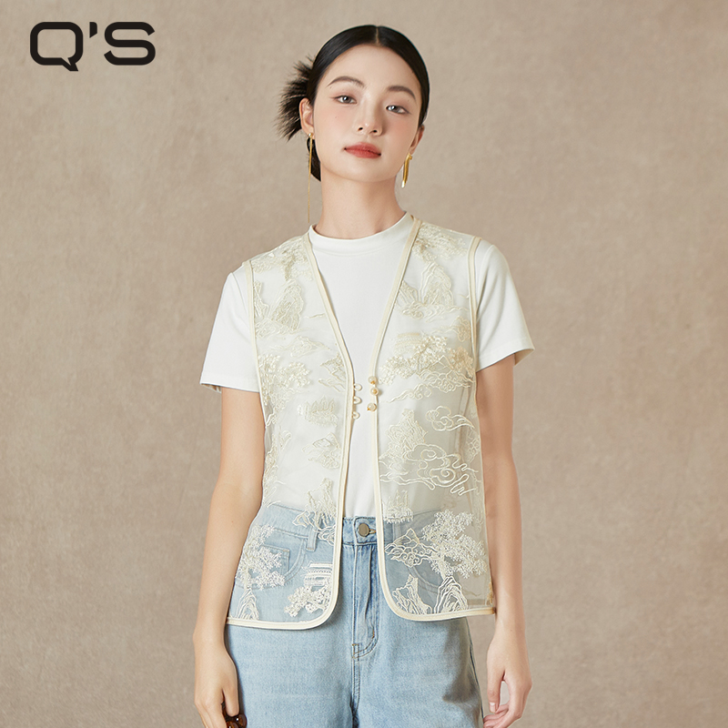 QS秸熙国风绣花无袖马甲