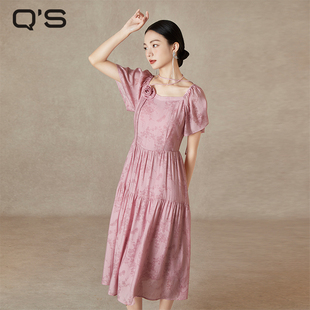 qs秸熙连衣裙女夏季 饰A摆轻奢高级显瘦茶歇裙 新款 温柔印花胸花装