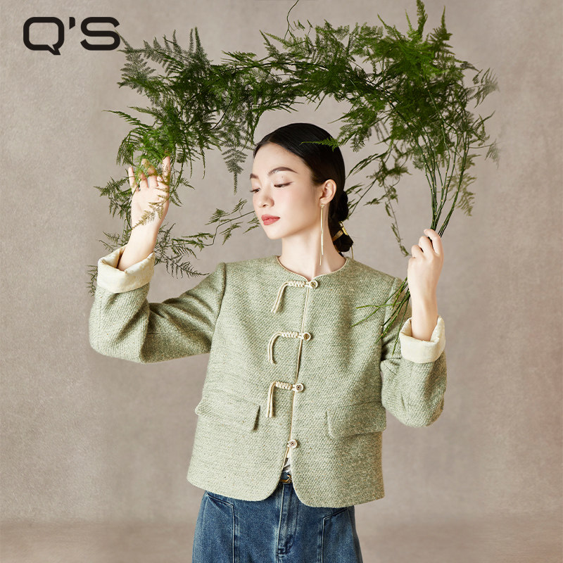 qs秸熙2025秋冬复古小香风外套轻国风手工对襟盘扣短款小个子上衣,女装/女士精品,短外套,淘宝优惠券,粉丝福利购,淘宝优惠卷