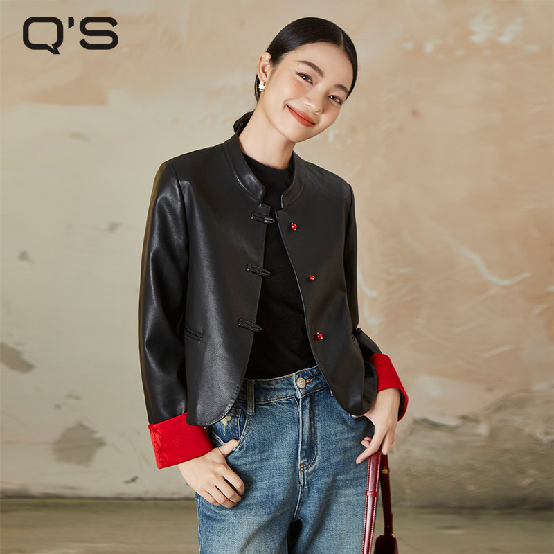 QS秸熙春秋装新款复古轻国风短外套女撞色提花袖口蛋白皮夹克上衣,女装/女士精品,皮衣,淘宝优惠券,粉丝福利购,淘宝优惠卷