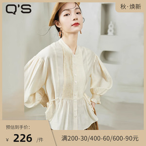 qs秸熙春秋新款纯色通勤衬衫女风情褶系带设计感短款收腰长袖上衣