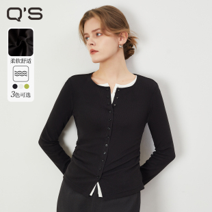qs秸熙2025春秋纯色百搭亨利领打底衫 上衣潮 气质修身 显瘦针织短款