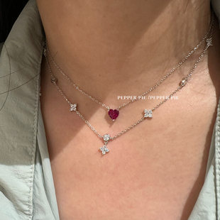 辣椒派通体s925纯银朱砂痣爱心锁骨链满钻四叶草手链女满天星项链