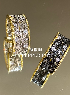 辣椒派秋冬 复古拉丝戒指女 意式树纹锆石雕刻镂空戒指女 黑色