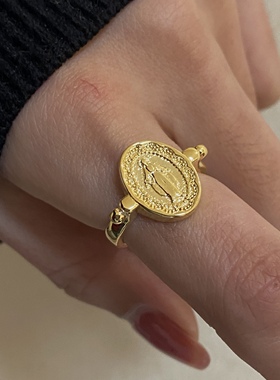 辣椒派 法式复古椭圆古币戒指女立体浮雕开口戒 中古风经典老钱