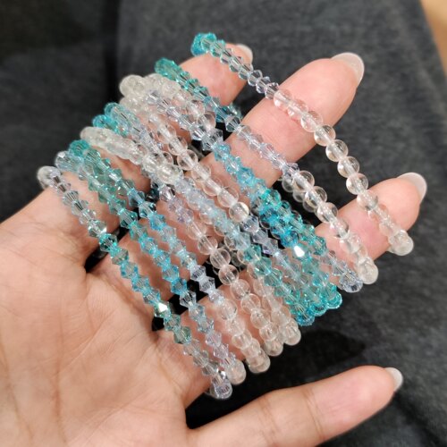 辣椒派夏日薄荷蓝绿施华洛白水晶手链女 手工弹力手串珠小众高级