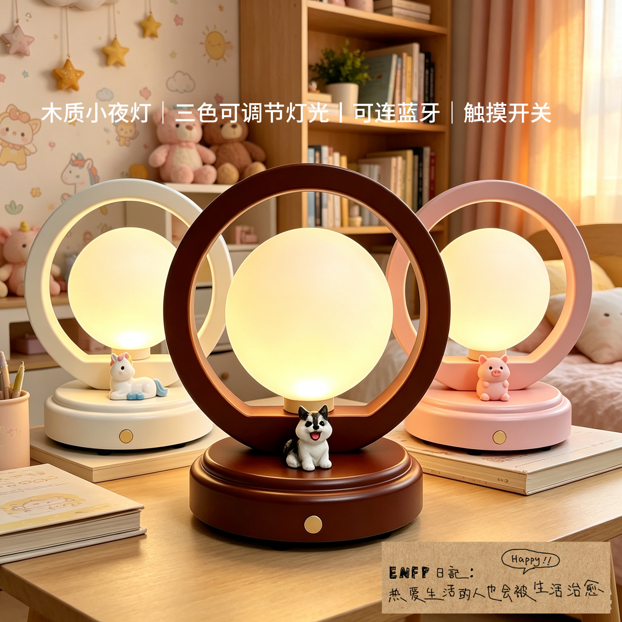 木质小夜灯卧室床头灯三色灯光温馨睡眠灯节日礼物装饰台灯带蓝牙