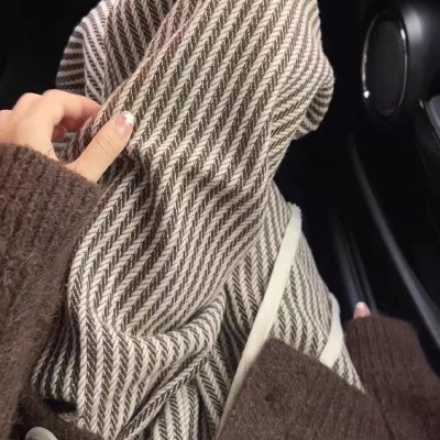 条纹毛呢裤子女高腰休闲复古直筒