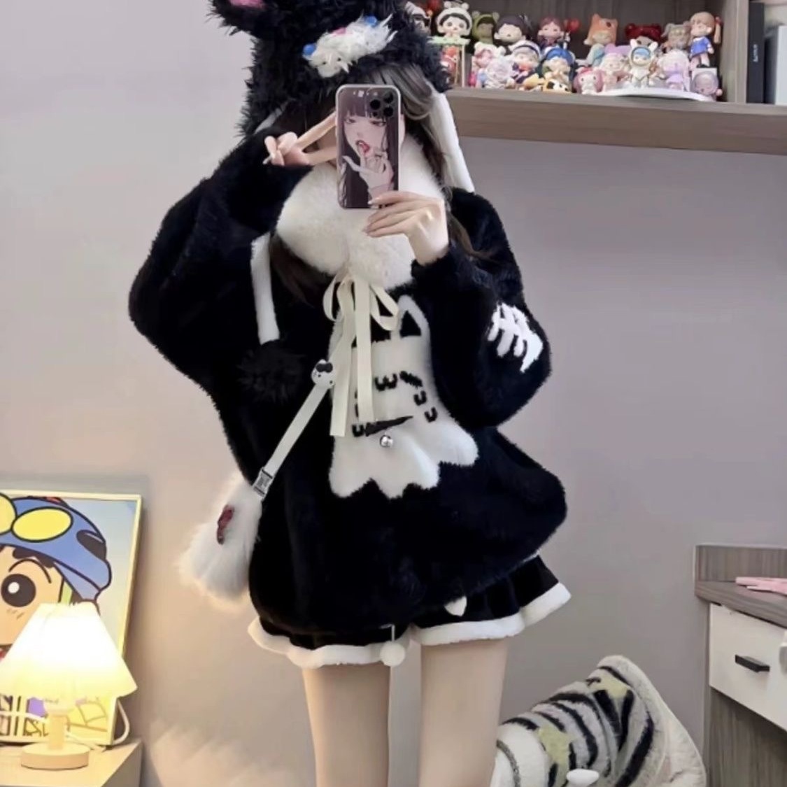 甜美软妹可爱幽灵猫咪仿貂毛针织软糯圆领长袖毛衣宽松保暖上衣潮