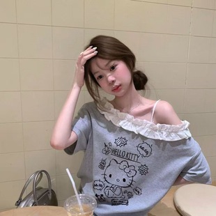 KT斜肩短袖女夏正肩t恤女2026新款甜辣妹花边可爱宽松学生上衣ins