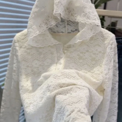 高级感拼接蕾丝花边连帽针织衫女