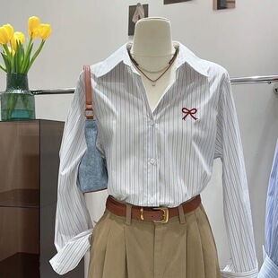 巨好看~韩版日常休闲条纹衬衫设计感长袖衬衣oversize蝴蝶结叠穿